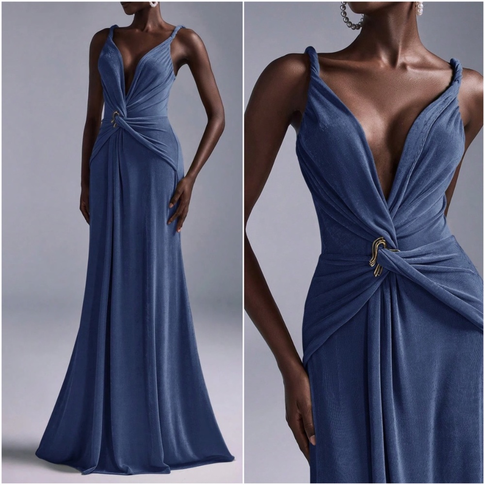 Solid Plunging Neck Twist Detail Party Evening Formal Wedding Dress - Picture 1 of 9